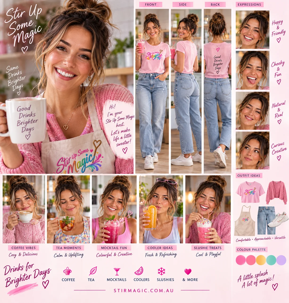 Pippa, our fictional AI drinks host, in her cosy pink kitchen